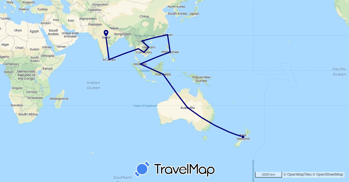 TravelMap itinerary: driving in Indonesia, India, Laos, Sri Lanka, Malaysia, New Zealand, Philippines, Thailand, Taiwan (Asia, Oceania)